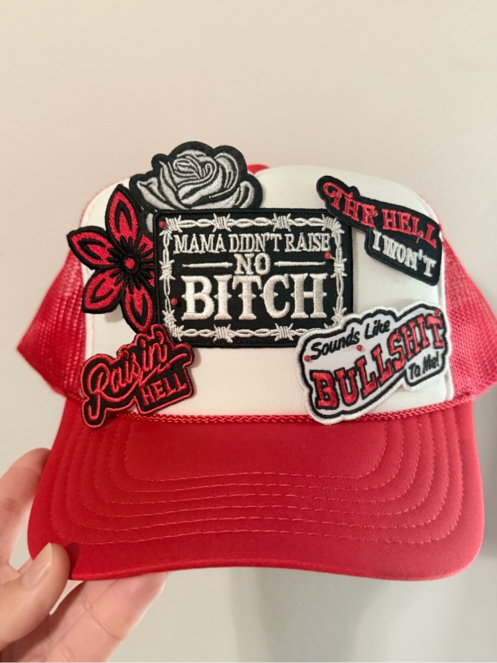 Red and White Patch Trucker Hat - Bold Statement Cap